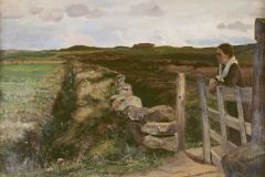 Eilif Peterssen (1852-1928) - Jærbilde med pike ved grinden (1895)
