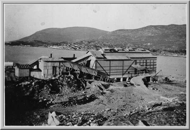 Makadammen på Borgøy, slik knuseverket og siloene så ut i 1938. (Bilde: Tysvær folkebibliotek)