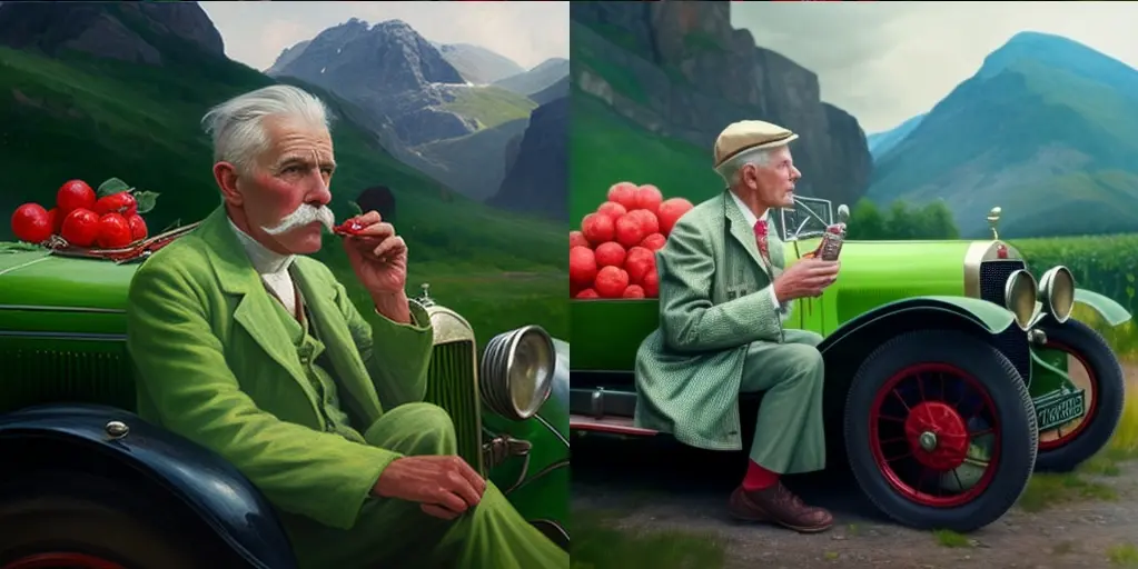 Grey-haired man eating red apple in a green bugatti 1925 model, mountain scenery, oil painting on canvas