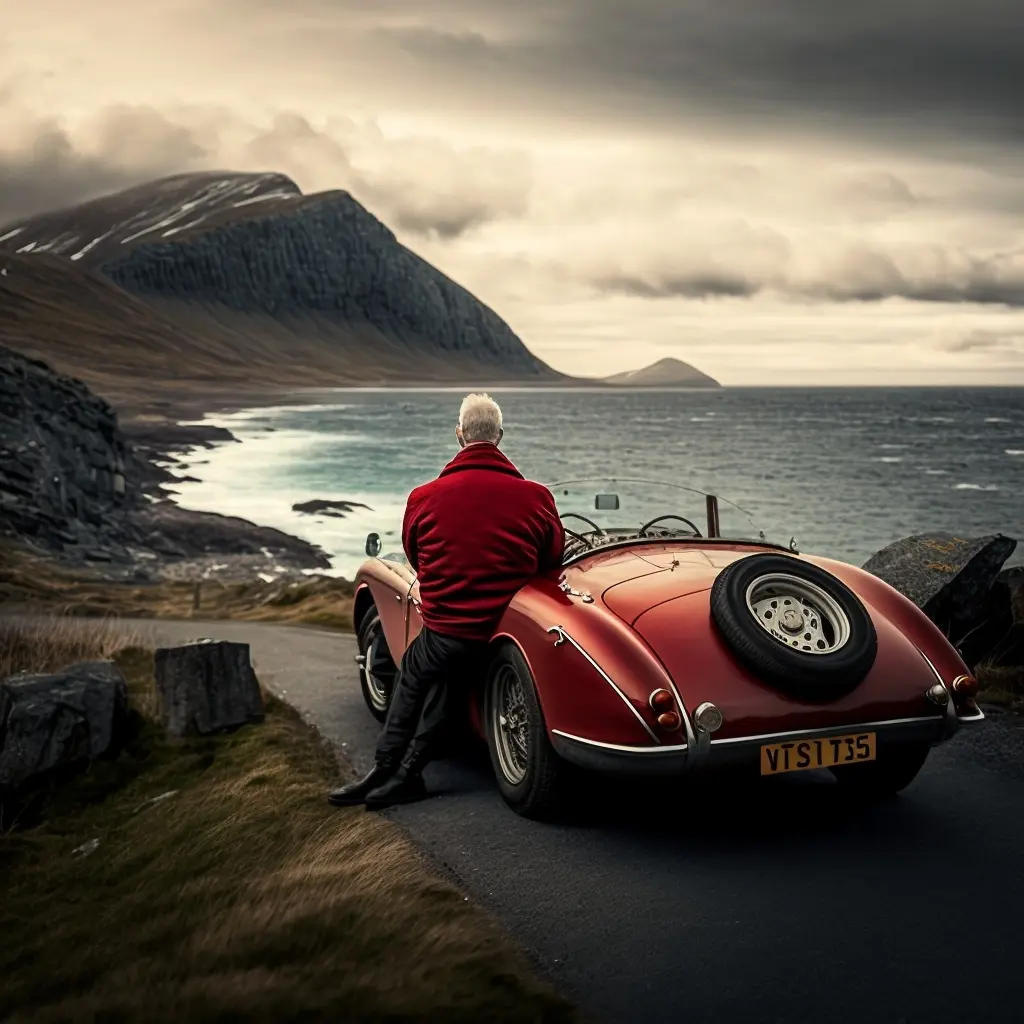 Male, 50 years, sports car, road trip, north cape (Midjourney)