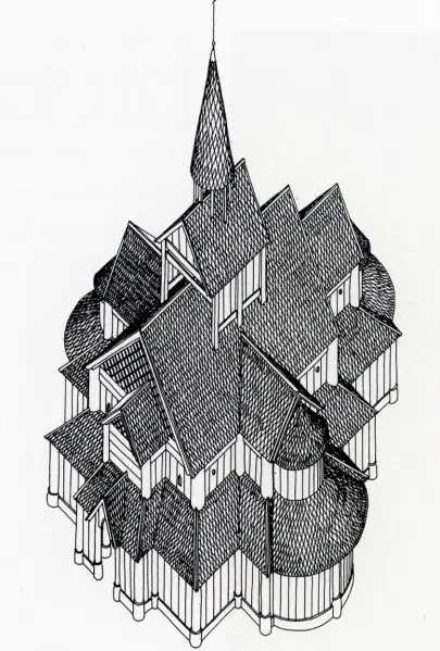 Nore stavkirke (tegning av Håkon Christie)