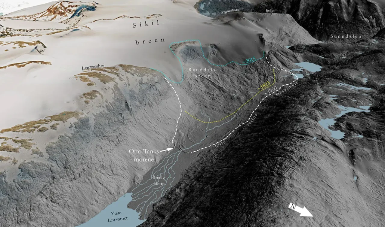 Rauddalsbreen og Otto Tanks morene. Illustrasjon: Fredrik Høgaas, NGU.